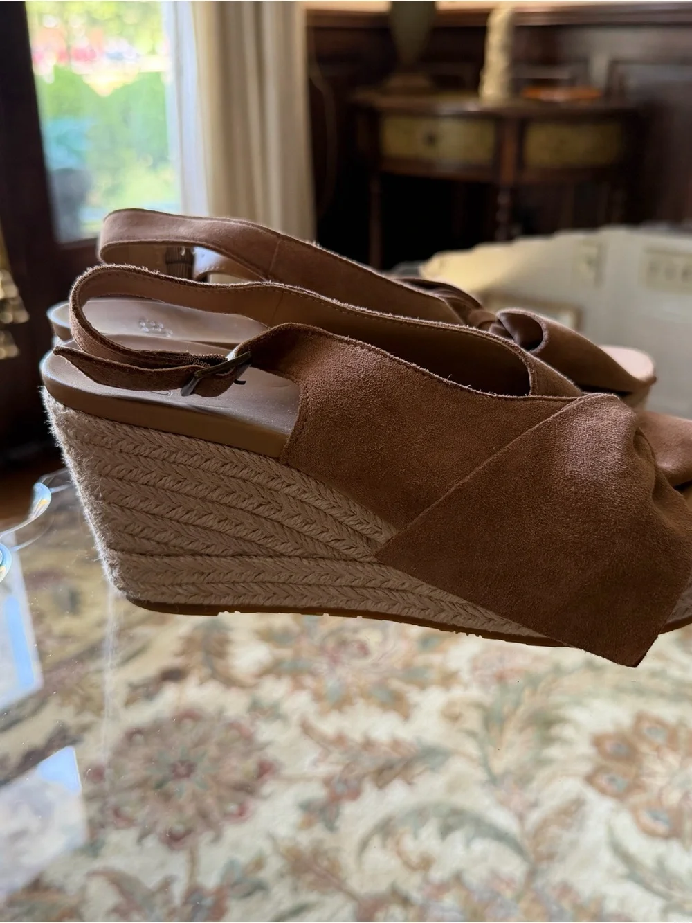 UGG Camilla Chestnut Suede Bow Slingback Wedge Sandals